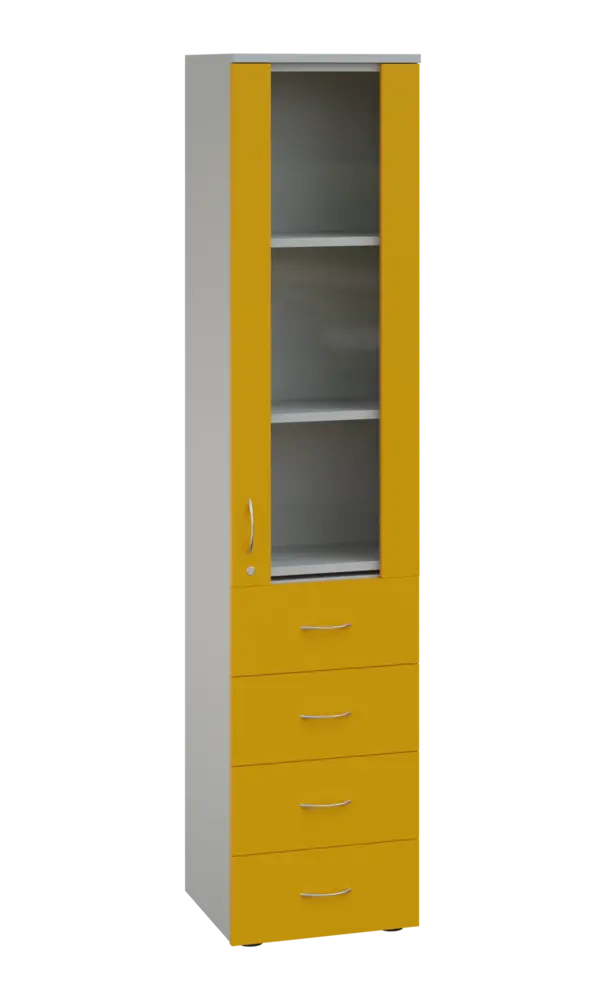 LE - 44 skříň léková prosklená, pravá, korpus šedý, dvířka žlutá odio